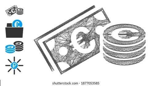Vector wire frame Euro cash. Geometric wire frame 2D net made from Euro cash icon, designed with intersected lines. Some bonus icons are added.