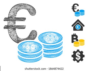 Vector wire frame Euro coin stacks. Geometric wire frame 2D net made from Euro coin stacks icon, designed from crossing lines. Some bonus icons are added.