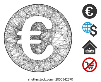 Vector wire frame Euro coin. Geometric linear carcass 2D net generated with Euro coin icon, designed with crossing lines. Some additional icons are added.