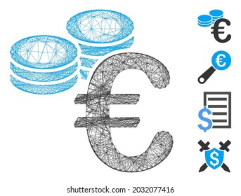 Vector wire frame Euro coins. Geometric wire frame 2D network based on Euro coins icon, designed from crossing lines. Some bonus icons are added.