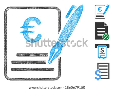 Vector wire frame Euro contract signature. Geometric hatched frame flat net generated with Euro contract signature icon, designed with crossed lines. Some bonus icons are added.