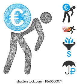 Vektordrahtrahmen Euro Kurier. Geometrisches lineares Flachnetz, erzeugt mit Euro Kuriersymbol, entworfen mit Kreuzlinien. Es werden einige Bonussymbole hinzugefügt.