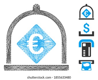 Vektordrahtrahmen Euro Kaution. Geometrisches, lineares Flachnetz aus Euro-Einlagensymbol, entworfen aus Kreuzlinien. Es werden einige Bonussymbole hinzugefügt.
