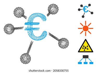 Vector wire frame Euro distribution. Geometric linear frame flat network generated with Euro distribution icon, designed with intersected lines. Some bonus icons are added.