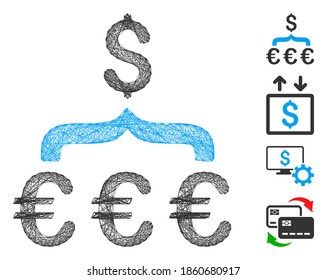 Vector wire frame Euro Dollar conversion aggregator. Geometric wire carcass 2D network made from Euro Dollar conversion aggregator icon, designed from crossed lines. Some bonus icons are added.