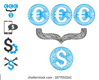 Vector wire frame Euro Dollar conversion aggregator. Geometric wire frame flat network generated with Euro Dollar conversion aggregator icon, designed with intersected lines.