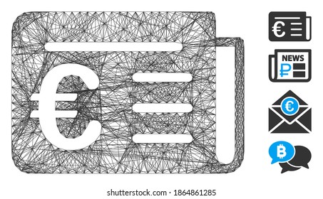 Vector wire frame euro financial news. Geometric wire frame flat net generated with euro financial news icon, designed with intersected lines. Some bonus icons are added.