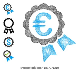 Vector wire frame Euro guarantee seal. Geometric linear frame 2D network generated with Euro guarantee seal icon, designed with intersected lines. Some bonus icons are added.