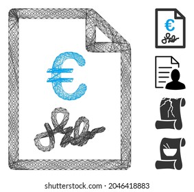 Vektordrahtrahmen Euro Rechnung. Geometrisches lineares 2D-Netzwerk, das mit dem Euro-Rechnungs-Icon generiert wird und mit gekreuzten Linien entworfen wurde. Es werden einige Bonussymbole hinzugefügt.