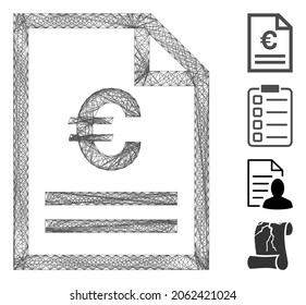 Cuadro de alambre de vectores Página de factura Euro. Red plana de marco geométrico de alambre generada con el icono de página de la factura Euro, diseñada con líneas cruzadas. Se añaden algunos iconos adicionales.