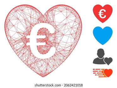 Vector wire frame Euro love heart. Geometric hatched frame flat network made from Euro love heart icon, designed from crossing lines. Some bonus icons are added.
