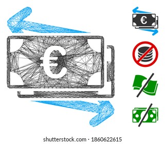 Vector wire frame Euro money transfer. Geometric wire frame flat net generated with Euro money transfer icon, designed with crossing lines. Some bonus icons are added.