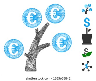 Vector wire frame Euro money tree. Geometric wire frame 2D net generated with Euro money tree icon, designed with crossed lines. Some bonus icons are added.
