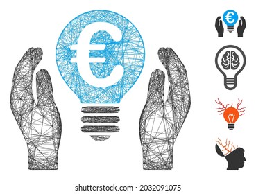 Marco de alambre de vectores Cuidado de la patente del euro. Red 2D del marco geométrico de alambre basado en el icono de la patente Euro, diseñado con líneas cruzadas. Se añaden algunos iconos adicionales.