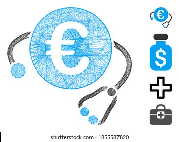Vector wire frame euro payment medicine. Geometric wire frame 2D network based on euro payment medicine icon, designed with intersected lines. Some bonus icons are added.