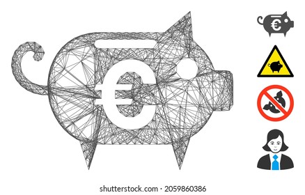 Marco de alambre de vectores Banco de cerdos Euro. Red 2D de canal de alambre geométrico generada con icono de banco Euro piggy, diseñada con líneas cruzadas. Se añaden algunos iconos adicionales.