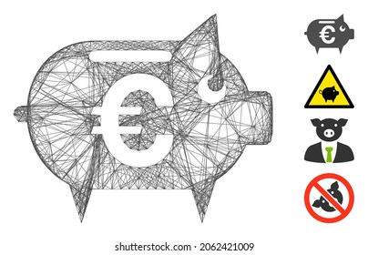 Vector wire frame Euro piggy bank. Geometric wire carcass flat net made from Euro piggy bank icon, designed from crossed lines. Some bonus icons are added.