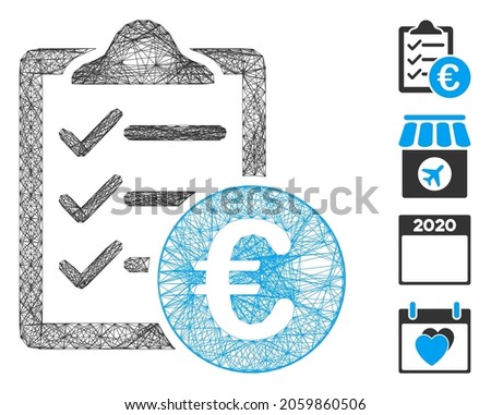 Vector wire frame Euro purchase pad. Geometric wire frame 2D net made from Euro purchase pad icon, designed from crossing lines. Some bonus icons are added.