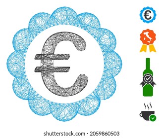 Vector wire frame Euro quality stamp. Geometric wire carcass 2D net made from Euro quality stamp icon, designed from intersected lines. Some bonus icons are added.