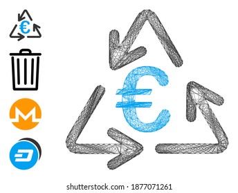 Vektordrahtrahmen Euro Recycling. Geometrisches lineares Flachnetz, erzeugt mit Euro-Recyclingsymbol, konstruiert mit Schnittlinien. Es werden einige Bonussymbole hinzugefügt.
