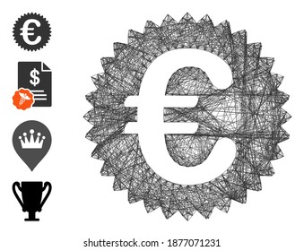 Marco de alambre del vector Sello de recompensa Euro. Red plana de marco lineal geométrica generada con icono de sello de recompensa Euro, diseñada con líneas interseccionadas. Se añaden algunos iconos adicionales.