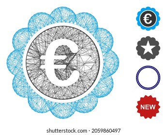 Vector wire frame Euro reward seal. Geometric wire frame 2D net made from Euro reward seal icon, designed from crossed lines. Some bonus icons are added.