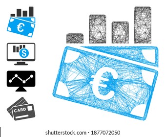 Vector wire frame Euro sales chart. Geometric wire frame flat network generated with Euro sales chart icon, designed with intersected lines. Some bonus icons are added.