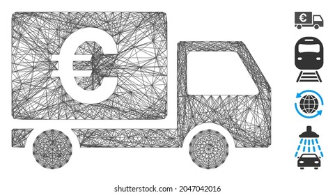 Marco de alambre de vectores Envío de euros. Red 2D del marco geométrico de alambre basado en el icono del envío de euros, diseñado con líneas cruzadas. Se agregan algunos iconos similares.