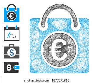 Marco de alambre de vectores Bolsa de compra Euro. Red plana de alambre geométrico generada con el icono de la bolsa de compra Euro, diseñada con líneas de cruce. Se añaden algunos iconos adicionales.