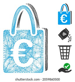 Vector wire frame Euro shopping bag. Geometric wire frame flat network based on Euro shopping bag icon, designed from crossed lines. Some bonus icons are added.