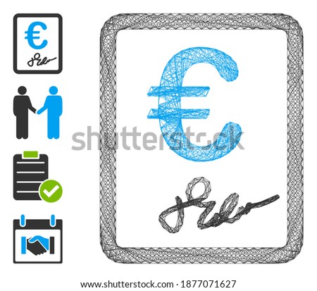 Vector wire frame Euro signed contract. Geometric wire carcass flat network made from Euro signed contract icon, designed from crossing lines. Some bonus icons are added.