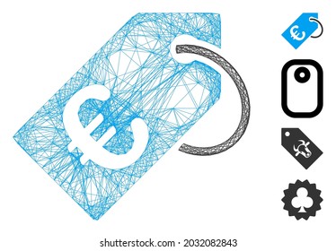 Marco de alambre de vectores Etiqueta Euro. Red plana de canales de cable geométrico generada con el icono de etiqueta Euro, diseñada con líneas cruzadas. Se añaden algunos iconos adicionales.