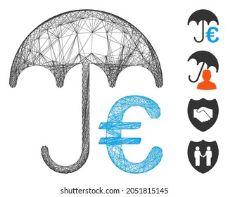 Vector wire frame Euro umbrella. Geometric hatched frame flat net generated with Euro umbrella icon, designed from crossed lines. Some bonus icons are added.