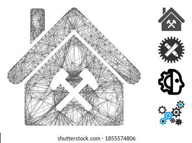 Vector wire frame factory. Geometric wire carcass 2D network generated with factory icon, designed with crossed lines. Some bonus icons are added.
