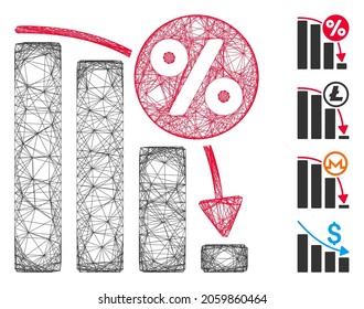 Gráfico de barras porcentuales del marco de alambre del vector. Red plana de marco de alambre geométrico generada con un icono de gráfico de barras de porcentaje descendente, diseñado a partir de líneas interconectadas. Se añaden algunos iconos adicionales.