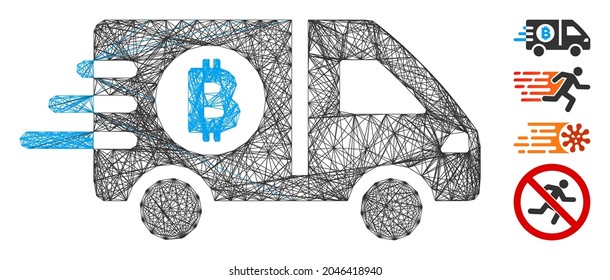 Vector wire frame fast Bitcoin delivery car. Geometric wire frame flat network based on fast Bitcoin delivery car icon, designed with crossed lines. Some similar icons are added.