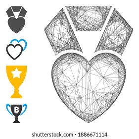 Premio al corazón favorito del marco de alambre de vectores. Red plana de canal geométrica de alambre hecha con el icono de premio al corazón favorito, diseñado a partir de líneas de cruce. Se añaden algunos iconos adicionales.