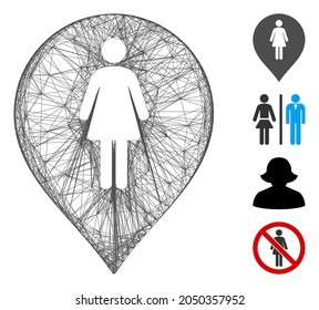 Vector wire frame female toilet marker. Geometric wire frame flat network generated with female toilet marker icon, designed with crossing lines. Some bonus icons are added.