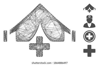 Hospital de campo de la estructura de alambre de vectores. Red 2D de canal de cable geométrico basada en el icono de hospital de campo, diseñado con líneas de cruce. Se añaden algunos iconos adicionales.