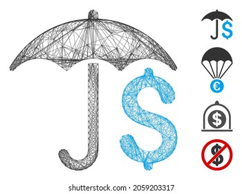 Vector wire frame financial umbrella. Geometric wire carcass flat network generated with financial umbrella icon, designed with crossed lines. Some bonus icons are added.