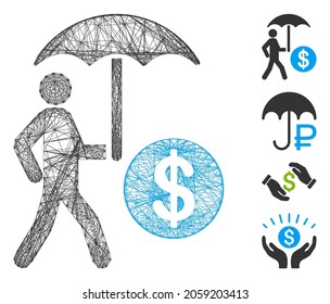 Finanzschirmschutz für Vektordrahmen. Geometrisches Drahtflachnetz basierend auf dem finanziellen Schirmschutzsymbol, entworfen aus Schnittlinien. Es werden einige Bonussymbole hinzugefügt.