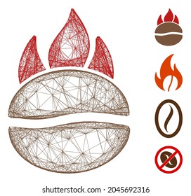 Vector wire frame fired coffee bean. Geometric hatched frame 2D network generated with fired coffee bean icon, designed with crossing lines. Some bonus icons are added.