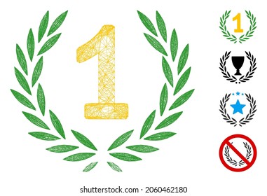 Vector wire frame first laurel wreath. Geometric wire carcass flat network made from first laurel wreath icon, designed from intersected lines. Some bonus icons are added.