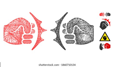 Vector wire frame fist fight. Geometric wire frame 2D network made from fist fight icon, designed from intersected lines. Some bonus icons are added.