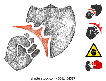 Vector wire frame fist strike shield. Geometric wire frame flat network generated with fist strike shield icon, designed with intersected lines. Some bonus icons are added.