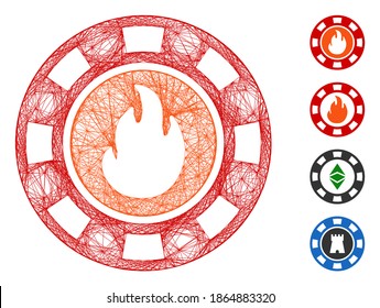 Vector wire frame flame casino chip. Geometric wire carcass 2D net generated with flame casino chip icon, designed with crossing lines. Some bonus icons are added.