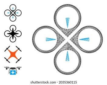 Vector wire frame fly drone. Geometric wire frame 2D network generated with fly drone icon, designed from crossing lines. Some bonus icons are added.