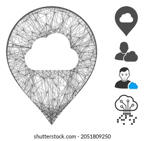 Vector wire frame fog cloud marker. Geometric hatched carcass flat network made from fog cloud marker icon, designed from crossing lines. Some additional icons are added.