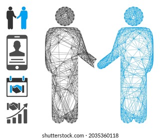 Vektor-Draht-Rahmenfreunde handshake. Geometrisches lineares Flachnetz, erzeugt mit Freunden Handshake-Symbol, entworfen mit Kreuzlinien. Es werden einige Bonussymbole hinzugefügt.