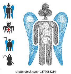 Vector wire frame gambling angel. Geometric wire carcass flat net made from gambling angel icon, designed from crossing lines. Some bonus icons are added.